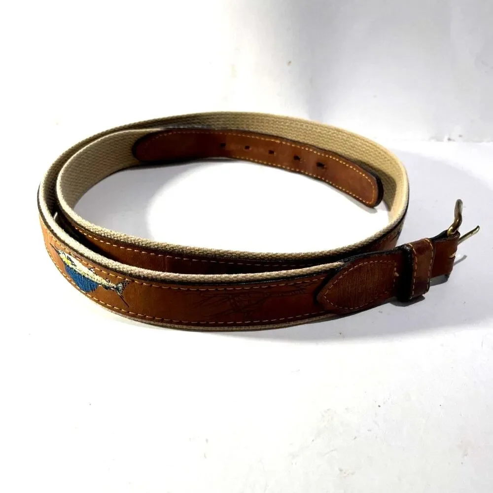 Genuine leather belt VTG USA made blue marlin embroidered fishing canvas men 48